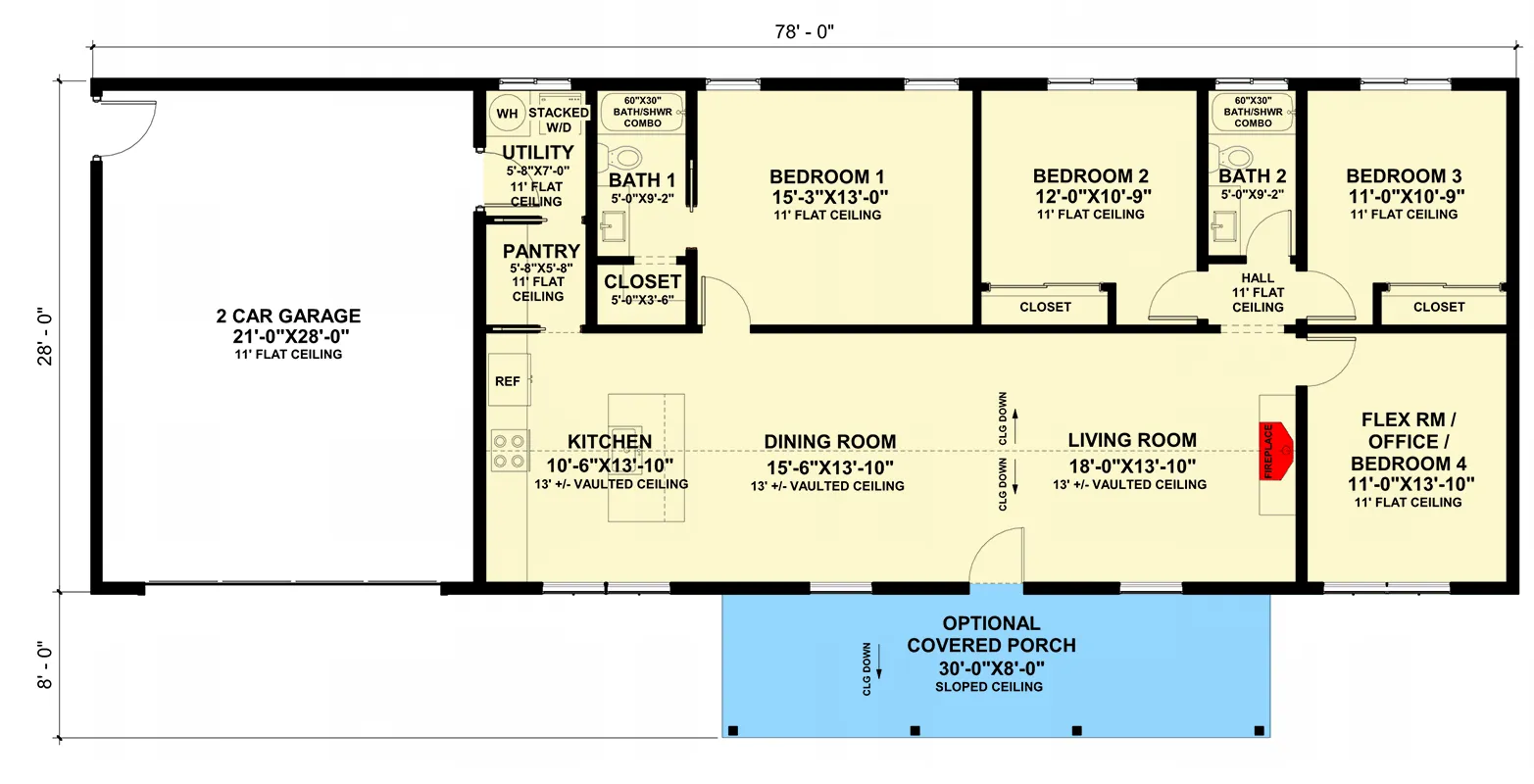 Floor plan of 3-bed farmhouse house plan