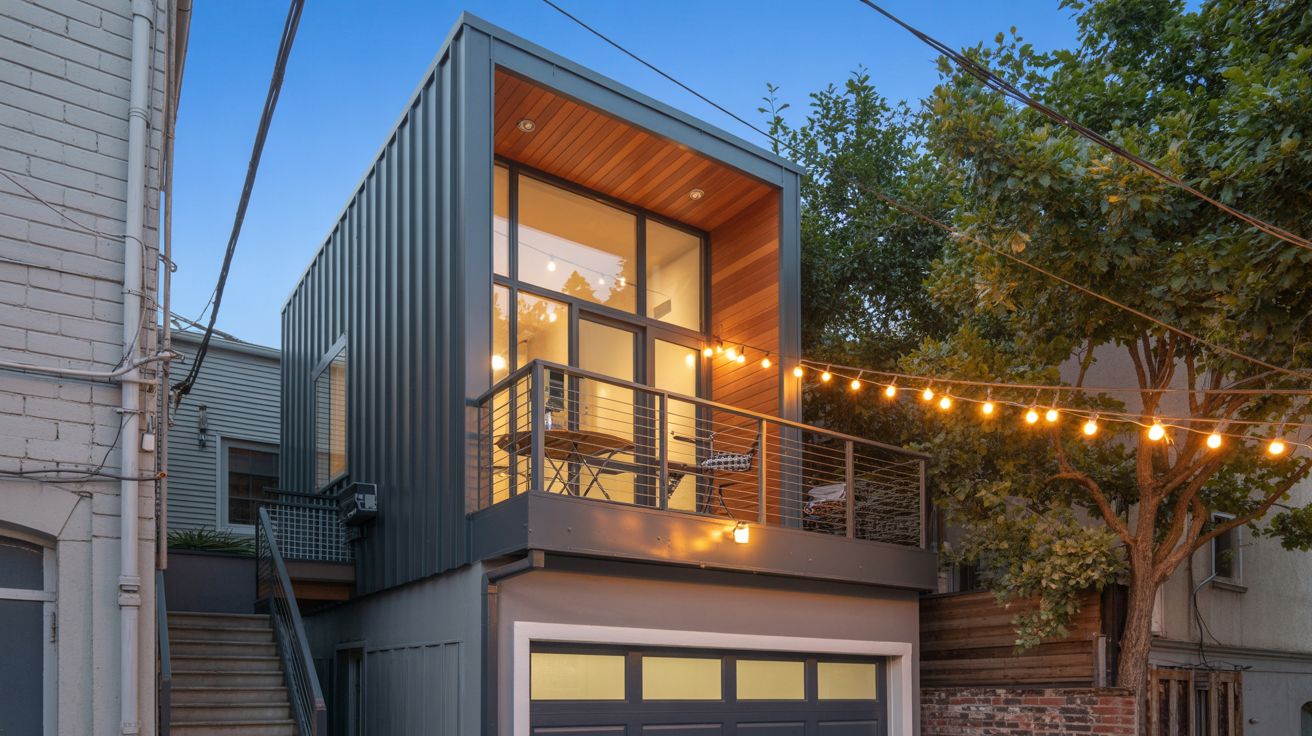 Vaulted farmhouse ADU concept with expansive glazing and indoor-outdoor flow