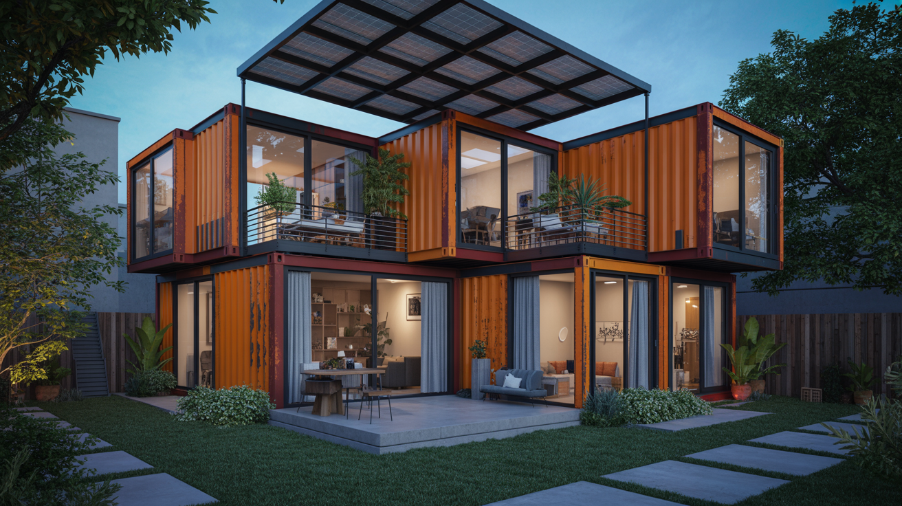 Compact foldable container home fully deployed with glass frontage and integrated deck