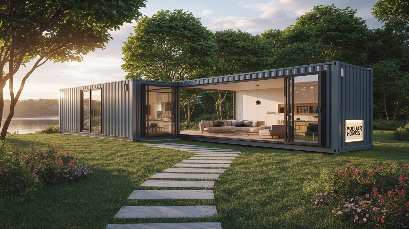 Modern expandable shipping container home with steel frame construction and contemporary design showcasing modular expansion capabilities
