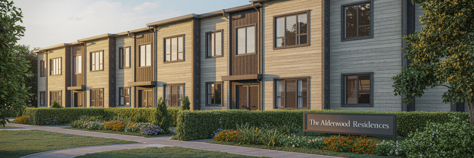 Modern multi-building residential community with modular construction and landscaped public spaces