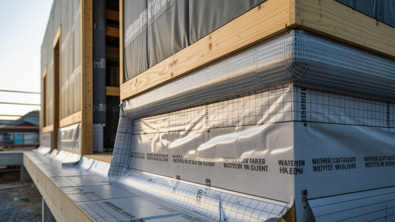 Cutaway of high-performance building envelope showing weather barriers, insulation, and rain-screen cladding