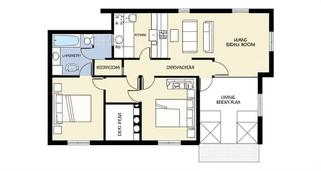 Compact bungalow floor plan - 1,200 sq ft with 2 bedrooms, 2 bathrooms, and open living spaces