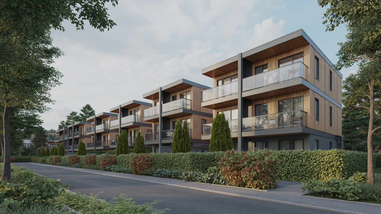 Stacked plex modular townhomes with alternating volumes and rooftop terraces