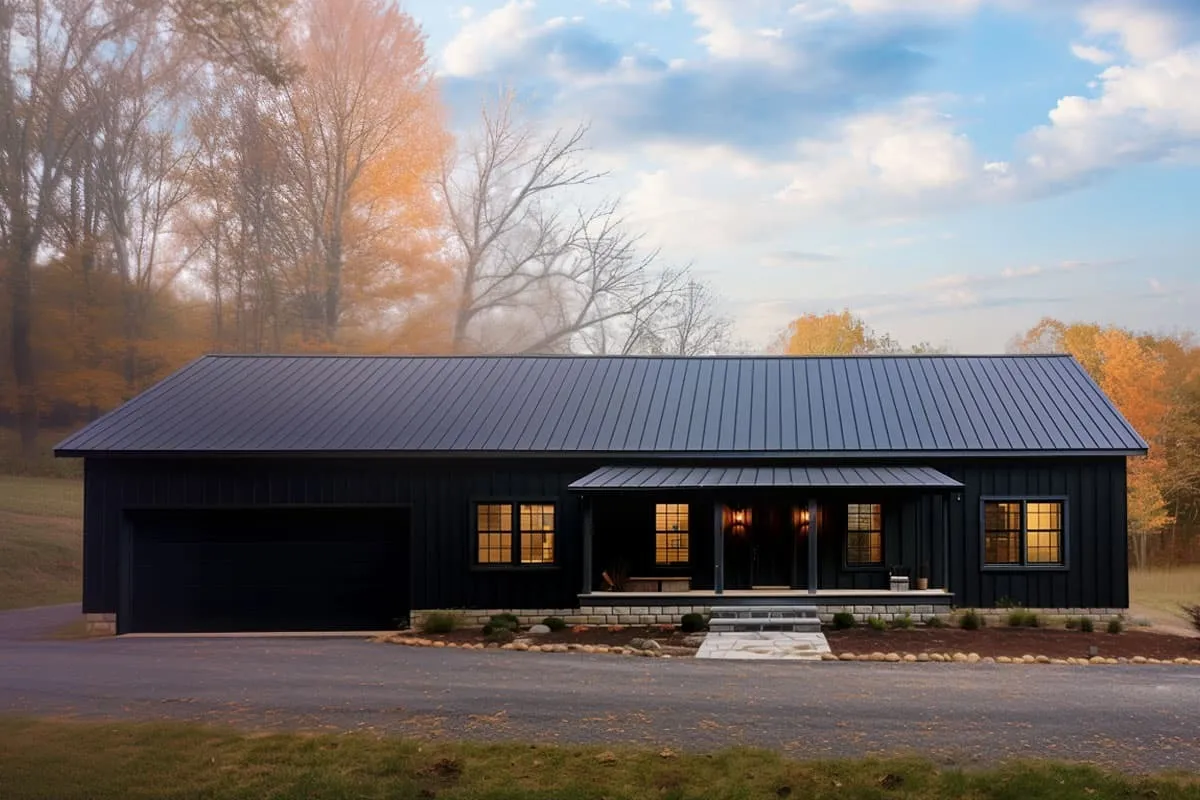 Exterior render of 3-bed farmhouse house plan