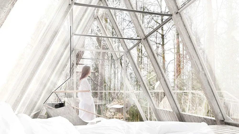 A-frame bedroom interior with glass walls and modern design