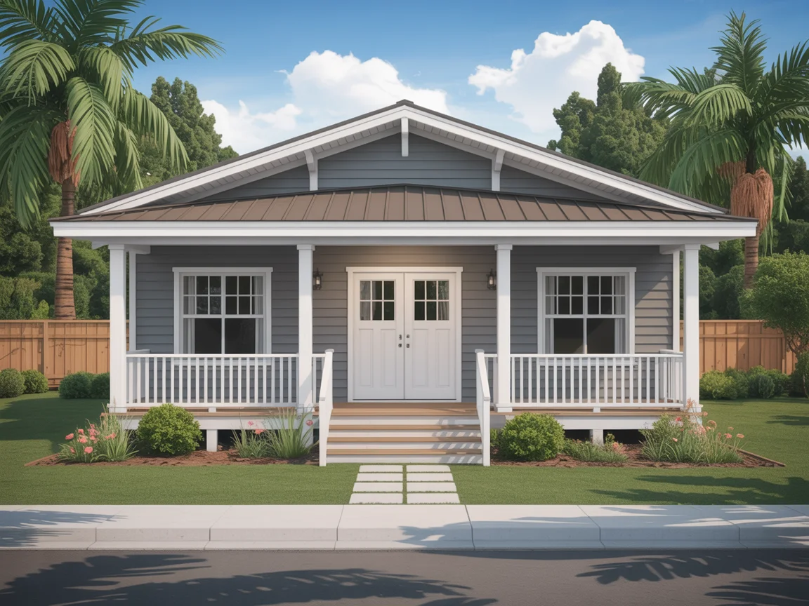 Modern coastal bungalow with metal roof, front porch, and landscaped yard