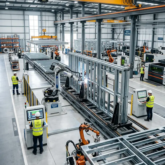 Advanced modular manufacturing facility with automated assembly lines for precision steel frame construction