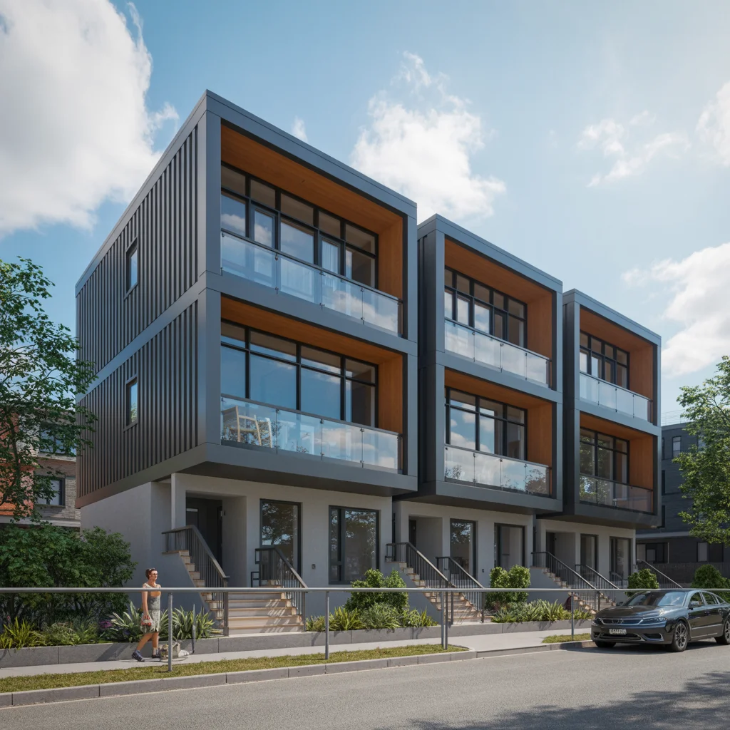 Sophisticated four-bedroom urban townhouse in Toronto, ON with modern geometric facade, premium finishes, and integrated garage showcasing contemporary city living