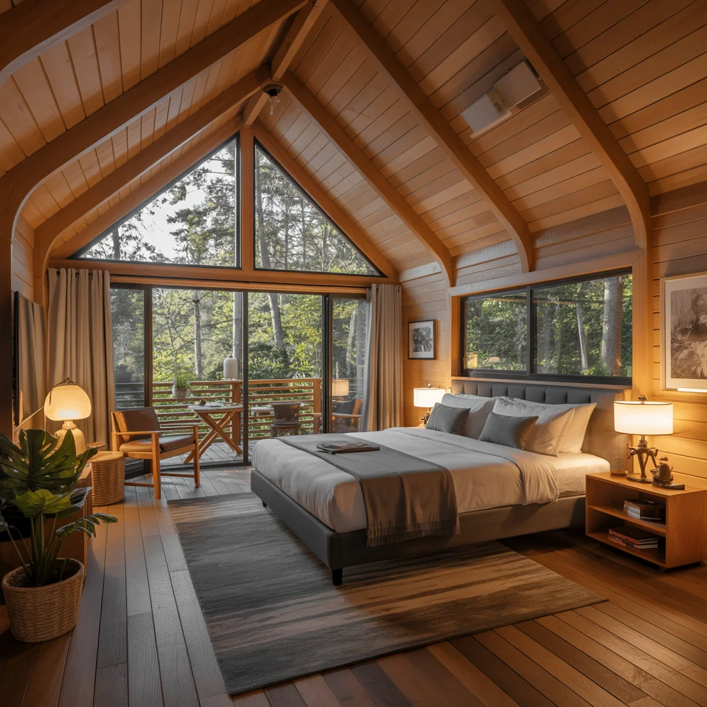 Intimate forest retreat cabin with floor-to-ceiling windows, natural wood finishes, cozy fireplace, and private deck overlooking woodland canopy