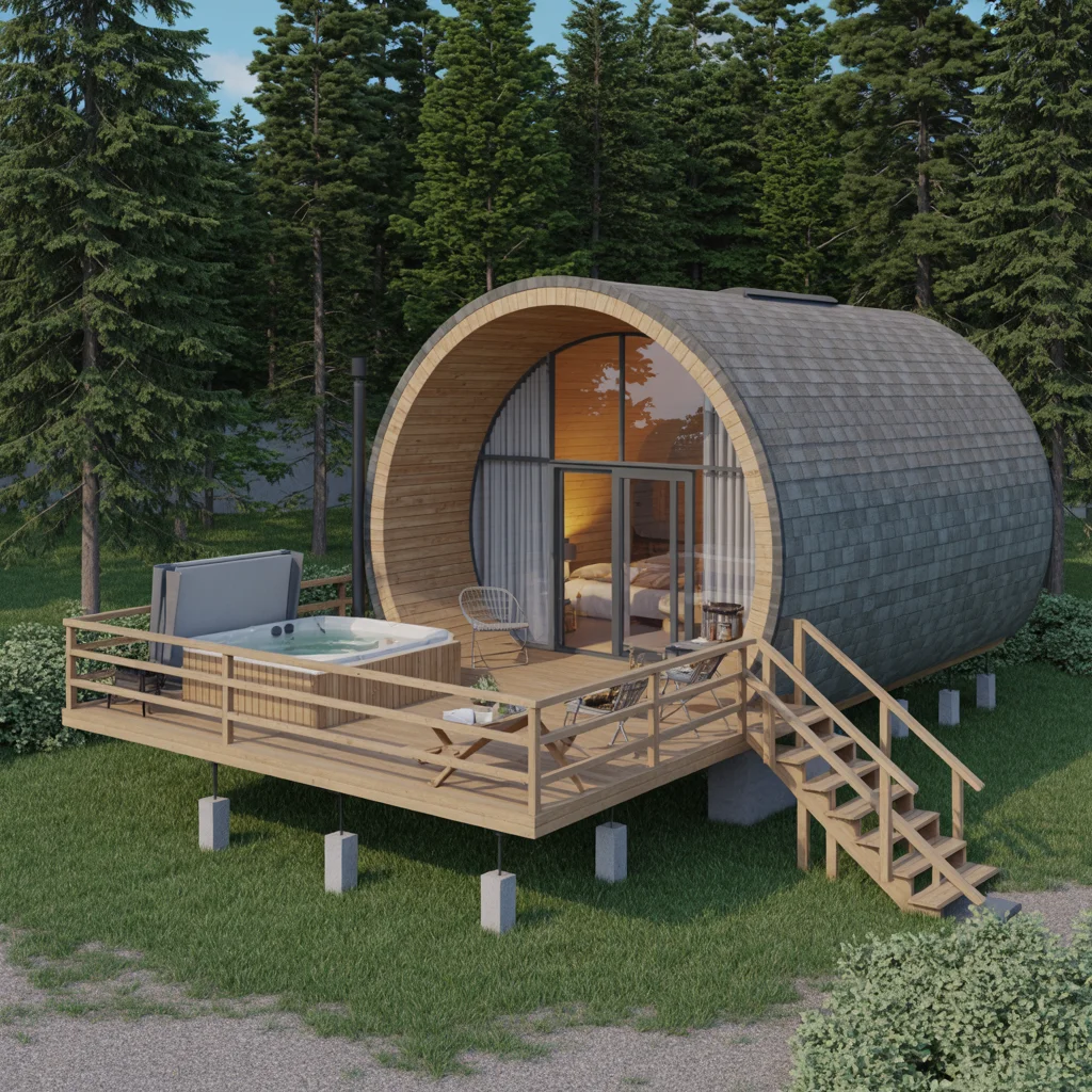 Elegant lakeside glamping villa with wraparound deck, panoramic water views, outdoor dining area, and luxury furnishings perfect for romantic getaways