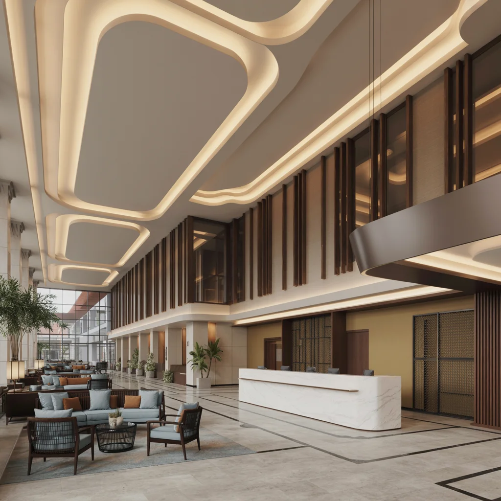 Elegant hotel suite with contemporary furnishings, premium bedding, work desk, and modern bathroom featuring marble finishes and luxury amenities
