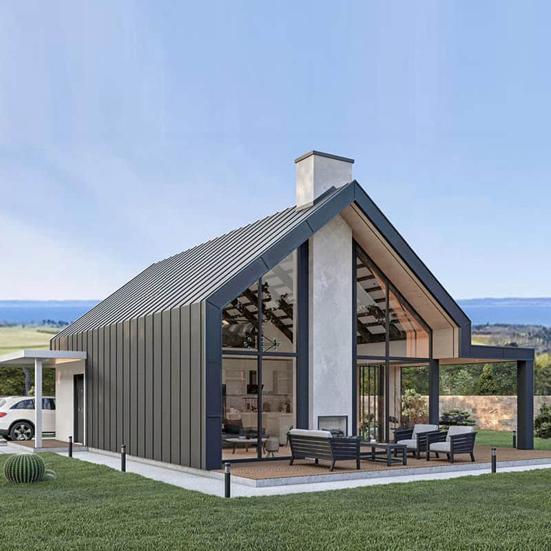 Modern light-steel cabin with expansive wraparound deck and glass facade