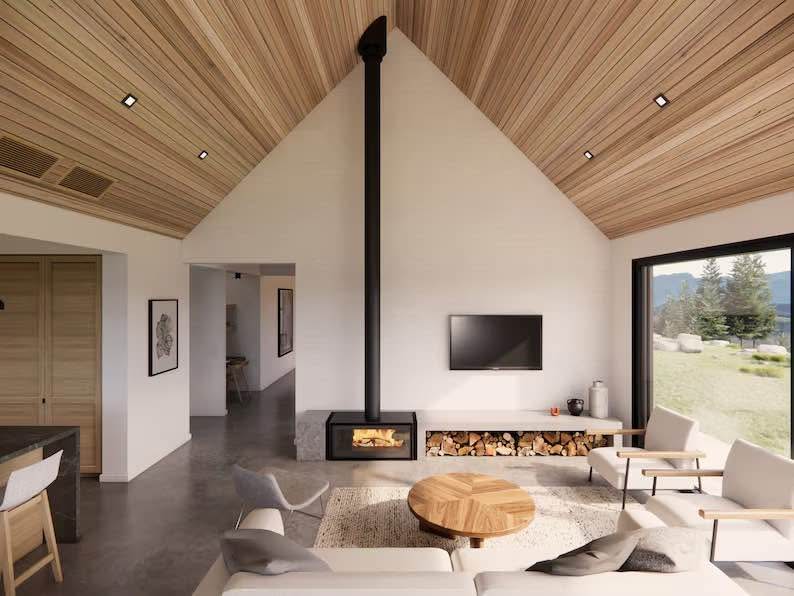 Living room with vaulted wood ceilings, modern central fireplace, and contemporary furniture arrangement