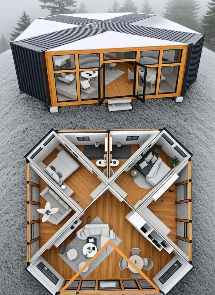 SteelHaven-inspired expandable container villa with illuminated cantilevered modules at dusk