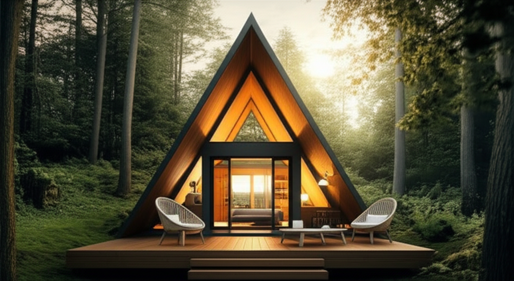 Modern A-frame house showcasing iconic triangular architecture with large windows, natural wood siding, and contemporary design elements