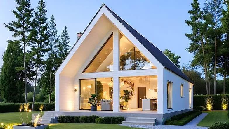 Modern A-frame house showcasing iconic triangular architecture with large windows, natural wood siding, and contemporary design elements