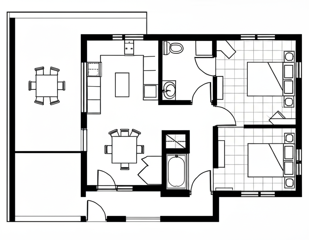A-frame house floor plan showing efficient triangular layout design with loft spaces, open concept living, and optimized room arrangement
