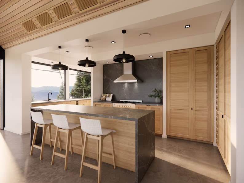 Modern kitchen featuring wood slat ceiling, concrete island, white bar stools, and pendant lighting with premium finishes