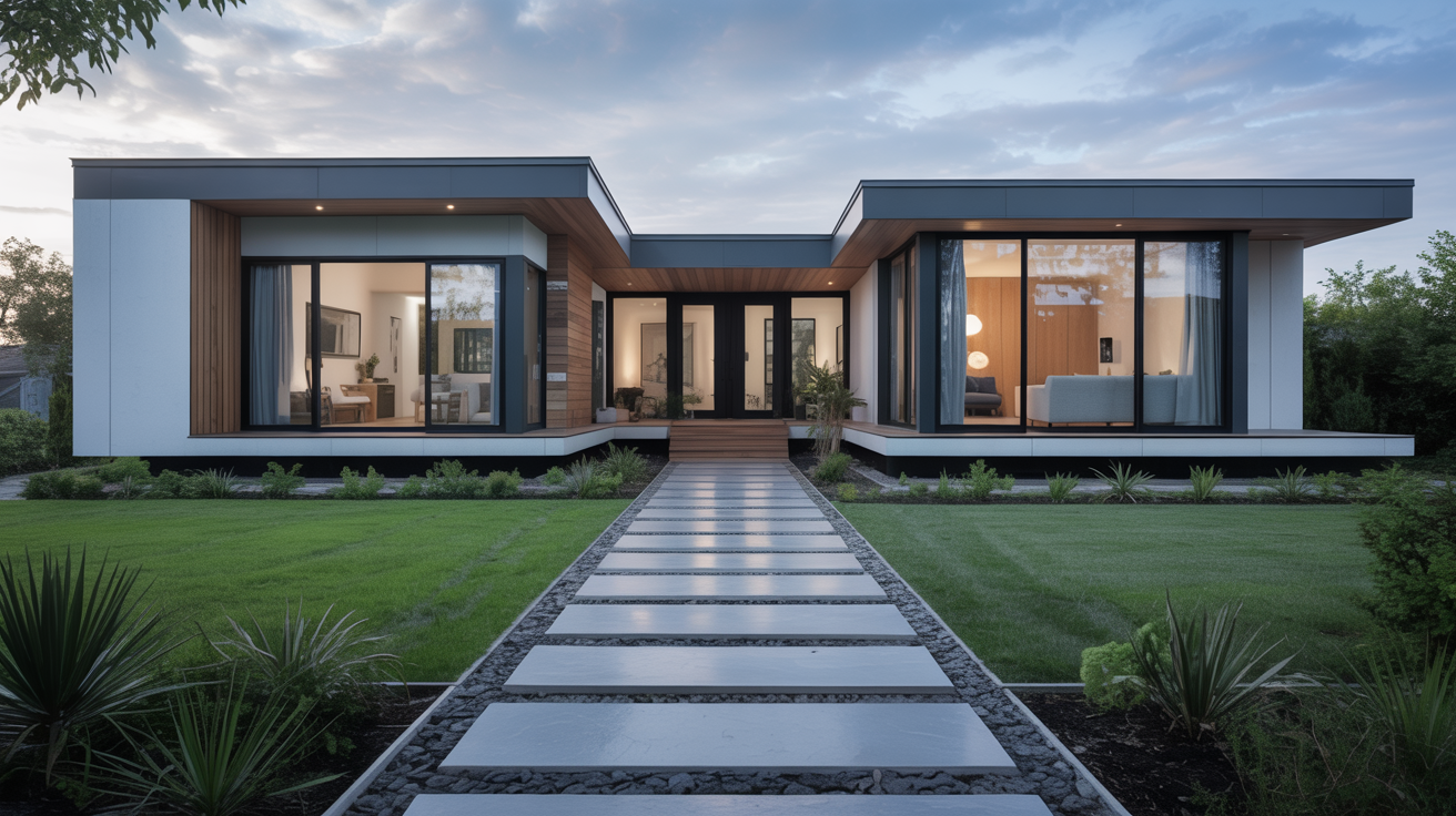 Modern prefab bungalow showcasing single-story design with open floor plan and accessible living features