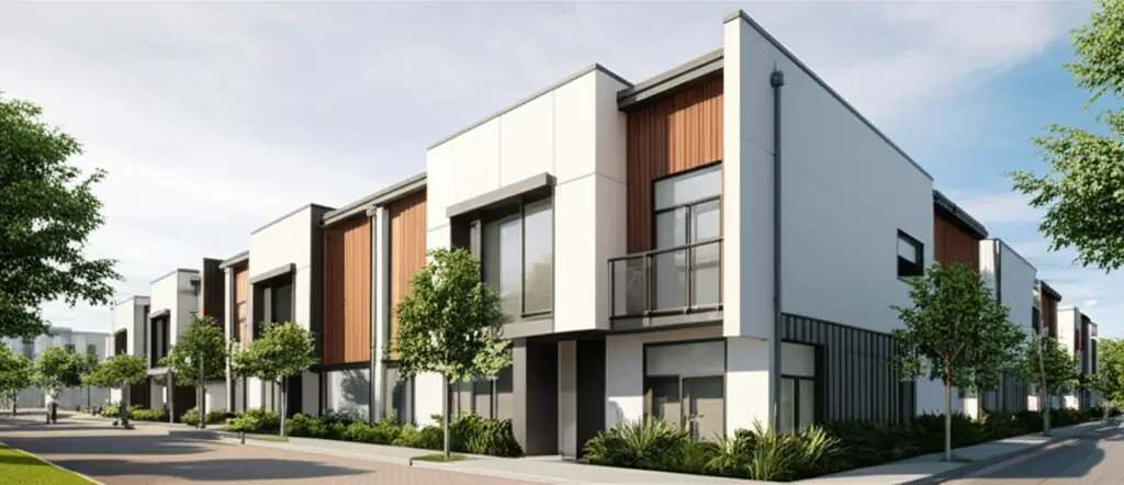 Modern prefabricated townhouse development showcasing contemporary architecture and efficient urban design