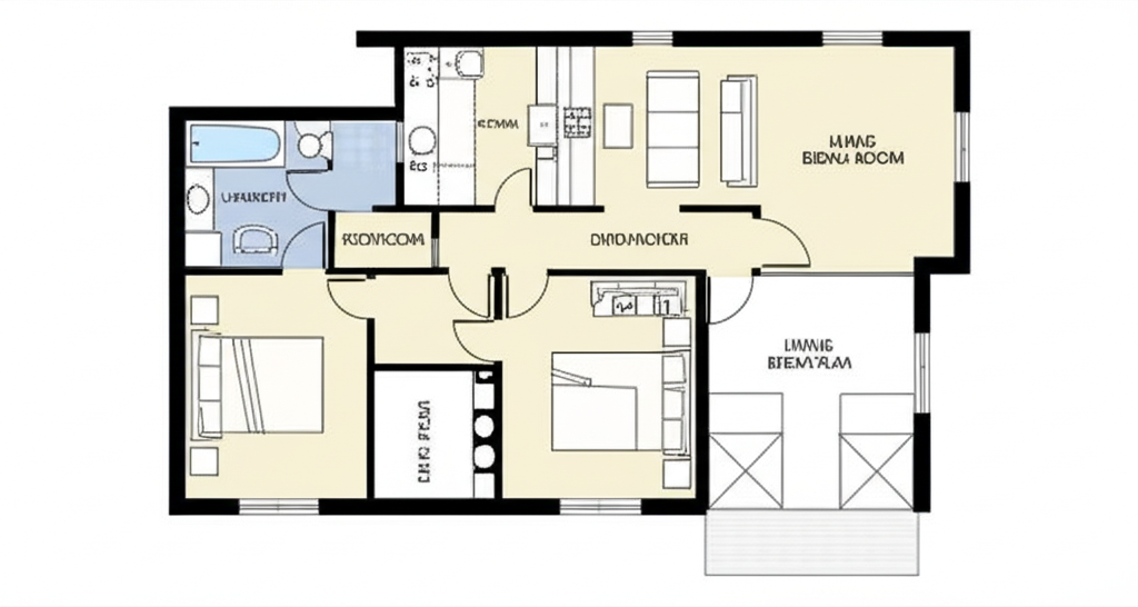 Compact bungalow floor plan - 1,200 sq ft with 2 bedrooms, 2 bathrooms, and open living spaces