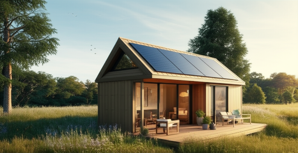 Off-grid A-frame tiny house with solar panels and sustainable features