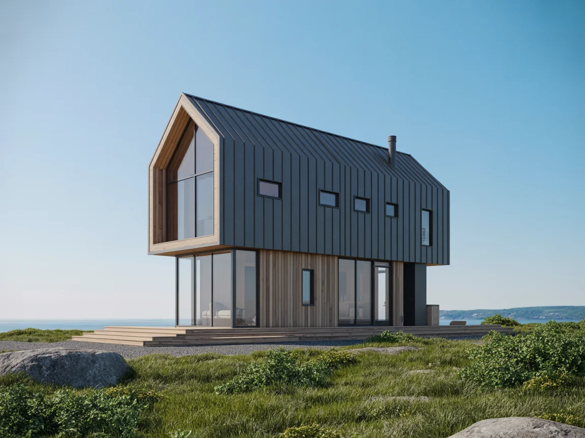 Modern single-family home featuring innovative steel frame construction with contemporary urban design, large windows, and sustainable building materials for 2-4 bedroom living