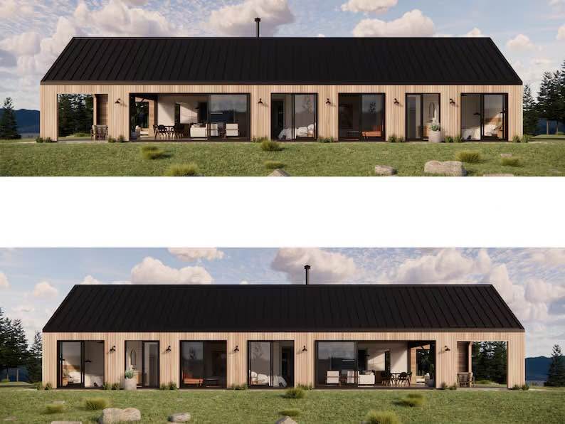 Single gable house exterior showing two architectural views with wood siding and contemporary linear design