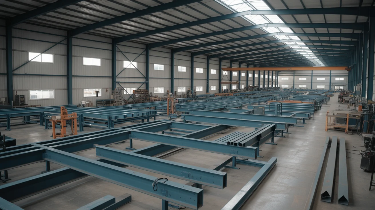 Modern steel frame manufacturing facility showing advanced steel beam fabrication, steel frame assembly, precision welding, and quality control stations for prefabricated construction at Armelands factory