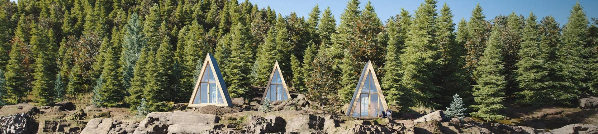 Three white A-frame cabins nestled in forest setting