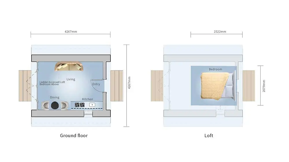 Tiny A-frame ground and loft layout design