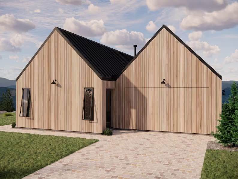 Modern Twin Gable modular home featuring wood siding exterior and contemporary Scandinavian-inspired design