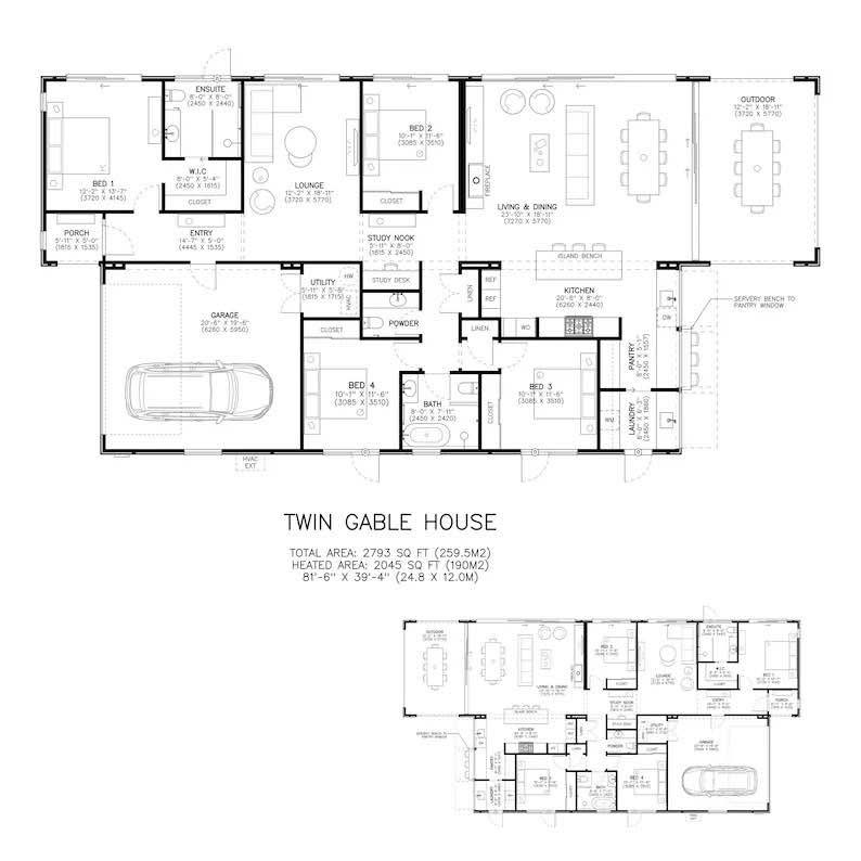 Twin Gable House floor plan showing 2793 sq ft layout with 4 bedrooms and 3.5 bathrooms