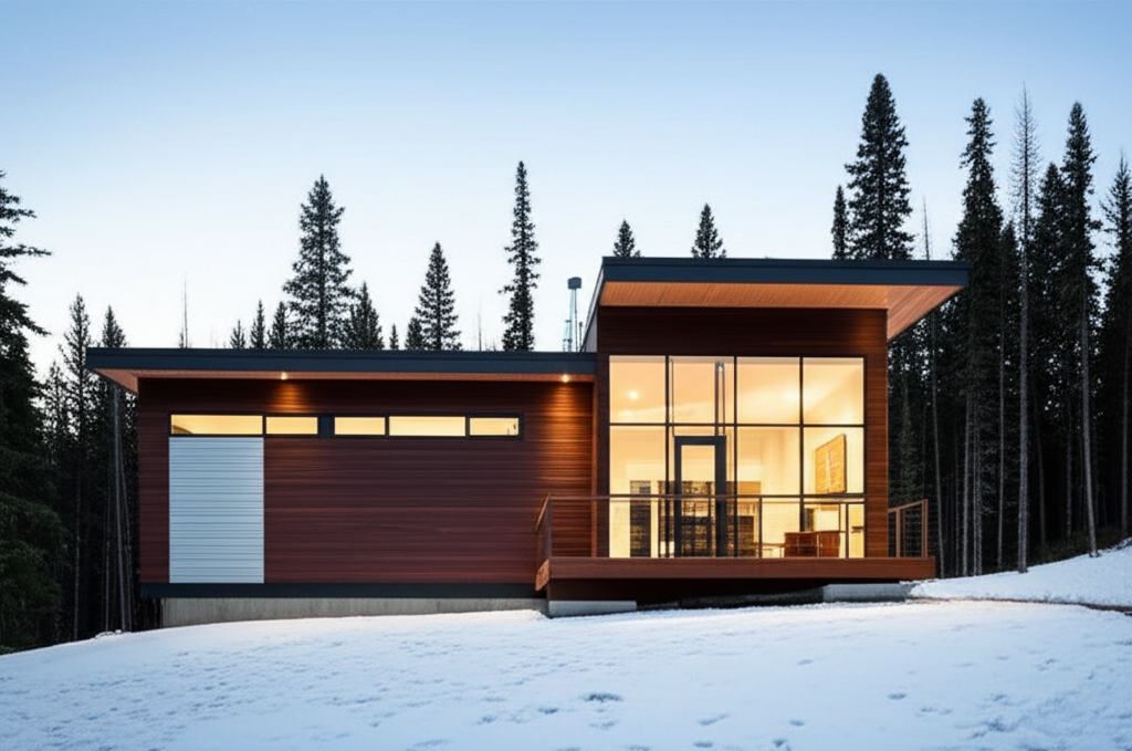Contemporary Canadian prefabricated home featuring modern architectural design with clean lines, large windows, and sustainable steel frame construction showcasing the future of modular building technology