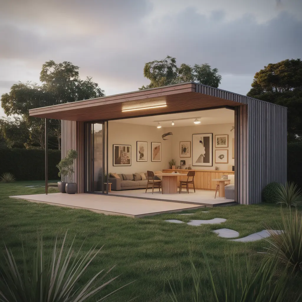 Family-sized foldable container residence with expanded living modules and covered entry